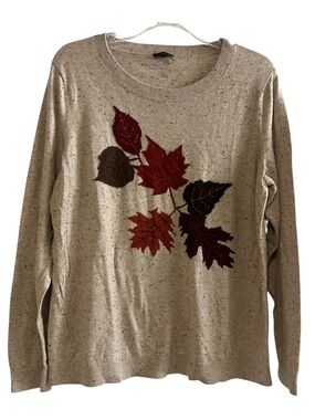 Talbots Fall Leaf Appliqué Sweater XLP Beige